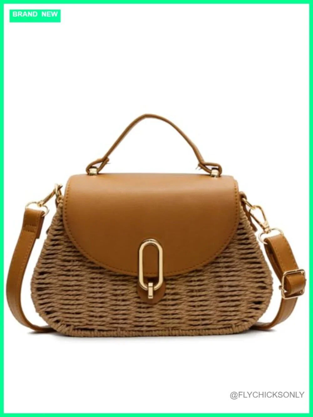 Small Natural Straw Woven Satchel Crossbody with Flap and Gold Buckle